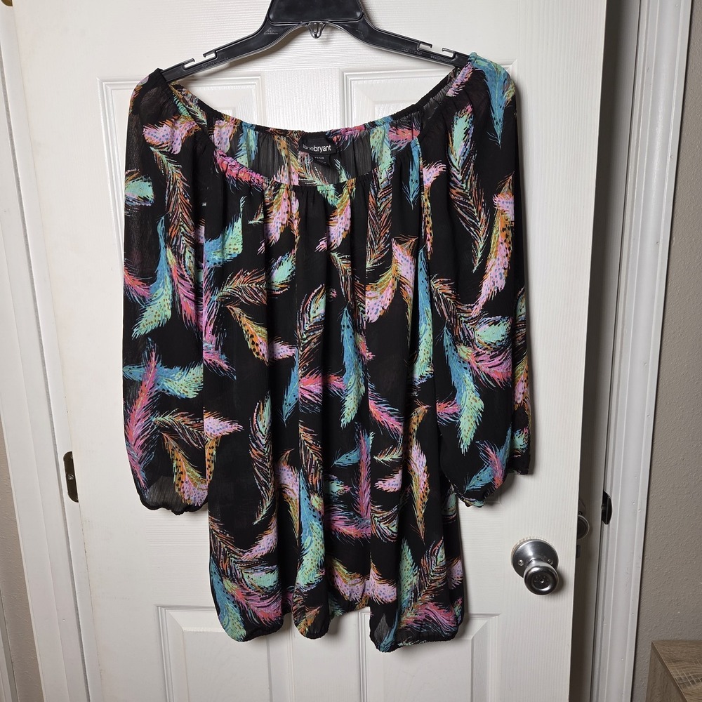 Lane‎ Bryant sz 22/24 sheer colorful feather print boatneck tunic top casual